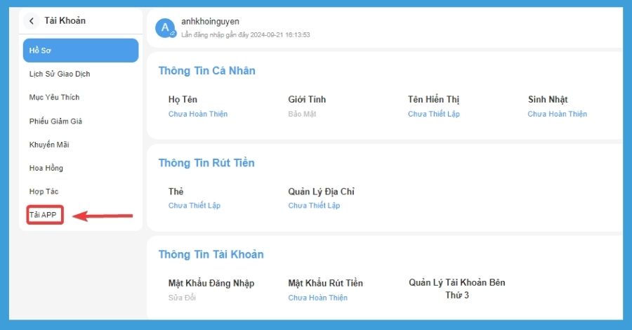 Người chơi nhấn chọn vào mục Tải app để bắt đầu thao tác